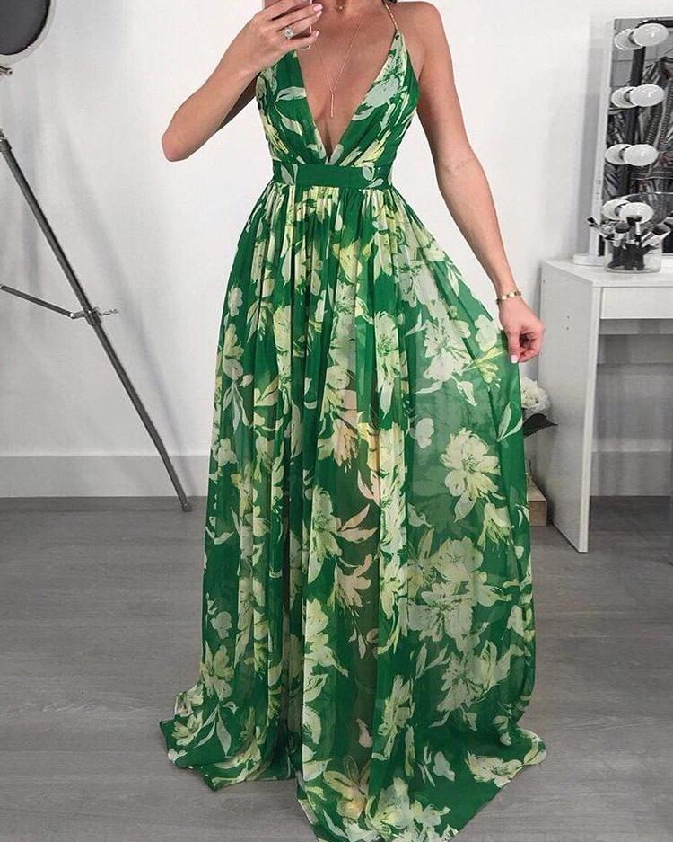 Robe Longue Plissée Dos Nu Imprimé Floral