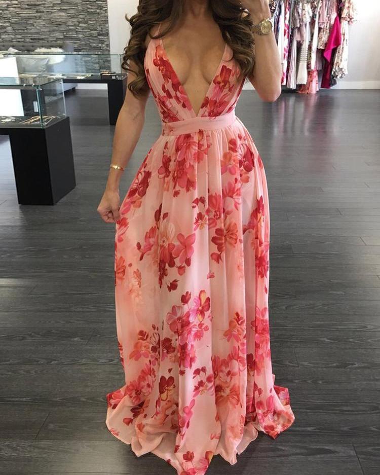 Robe Longue Plissée Dos Nu Imprimé Floral