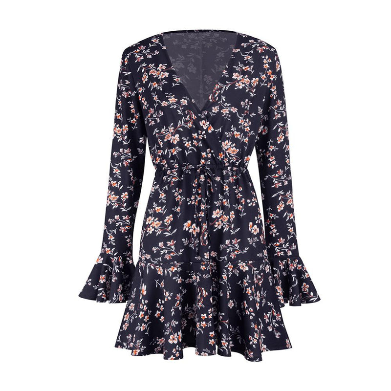 Mini Robe Manches Trompette Col V Floral