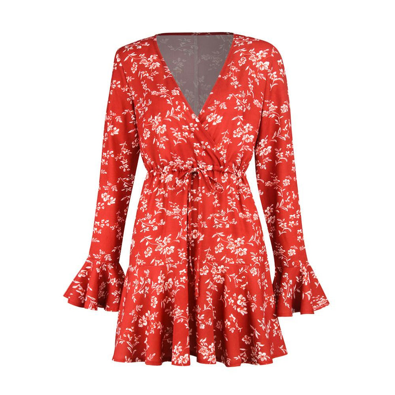 Mini Robe Manches Trompette Col V Floral