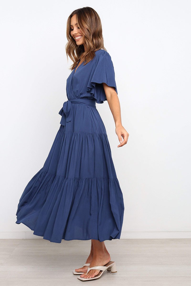 Robe Maxi Manches Courtes Encolure en V