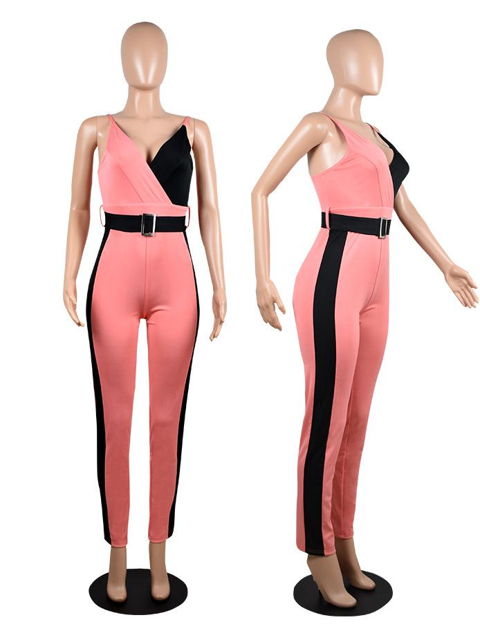 Combinaison Col en V Bretelles Spaghetti Pantalon Long avec Ceinture