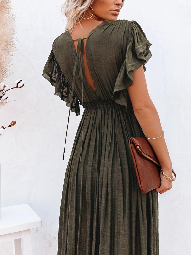 Ruffle Sleeve Deep V Neck Button Down Wide Maxi Dress