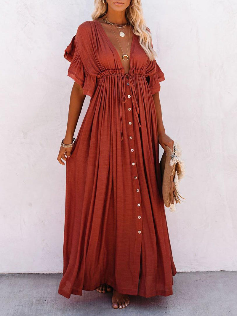 Ruffle Sleeve Deep V Neck Button Down Wide Maxi Dress