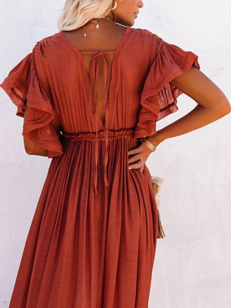 Ruffle Sleeve Deep V Neck Button Down Wide Maxi Dress