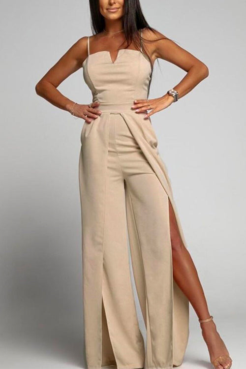 High Waisted Slit Flowy Wide Leg Cami Jumpsuit