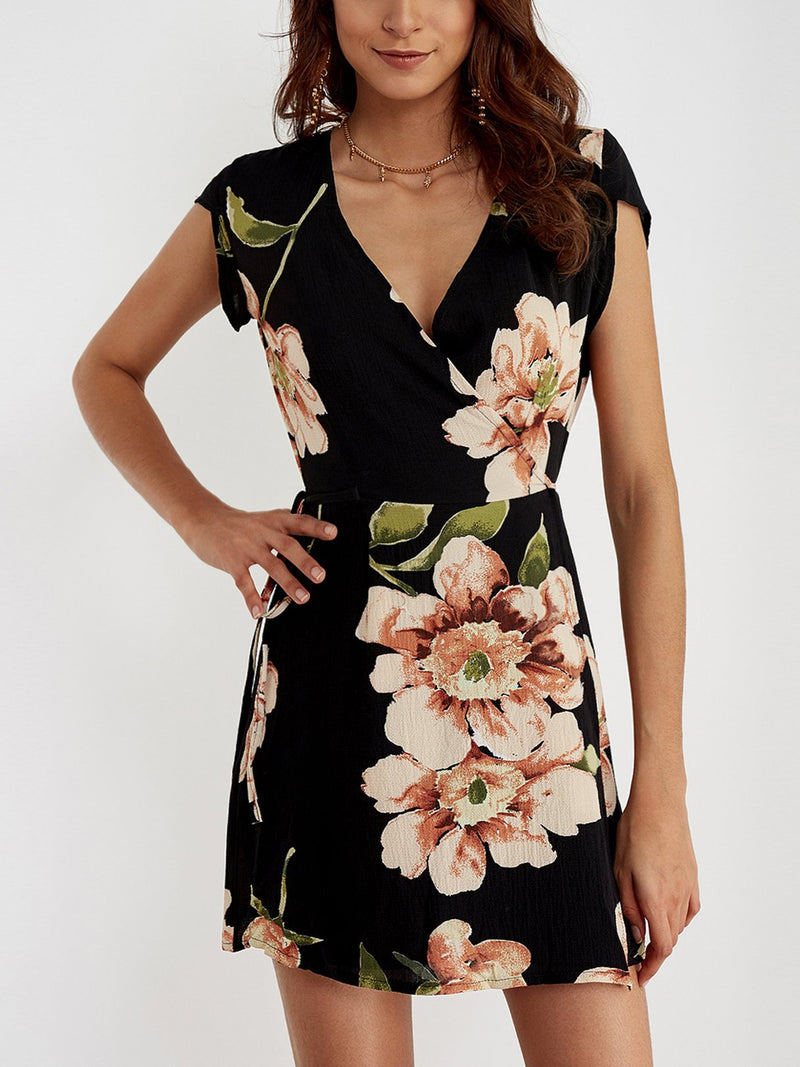 Robe À Encolure En V À Imprimée Floral Aléatoire