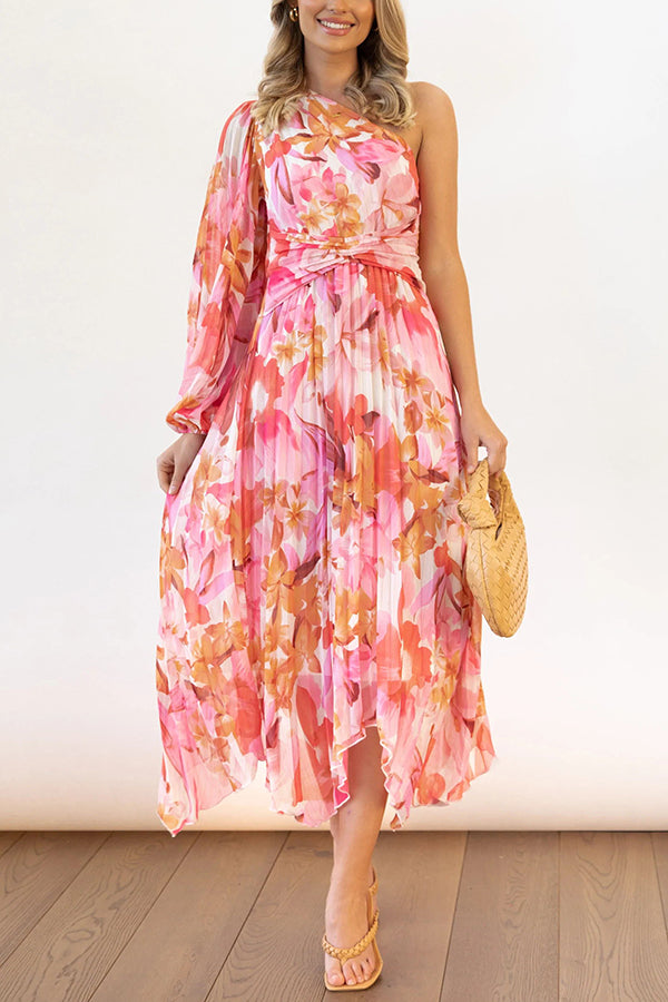 Bloom Your Own Way One Shoulder Pleated Midi Dress