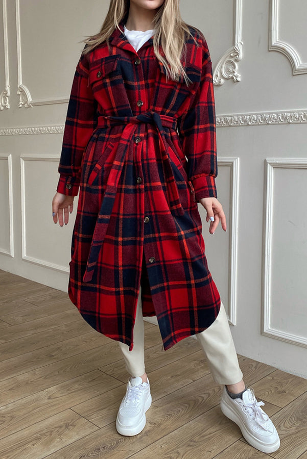 Warm on Up Belted Plaid Midi Coat