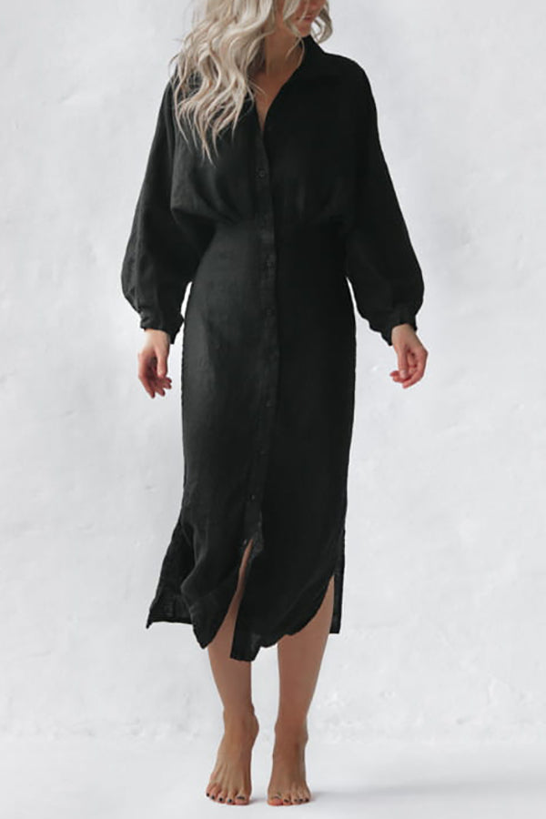 Button Bat Sleeve Midi Shirt Dress