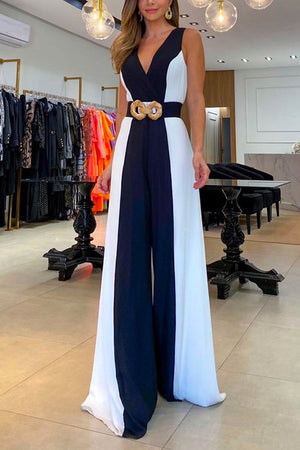 Sleeveless V Neck Color Block Flowy Wide Leg Jumpsuit