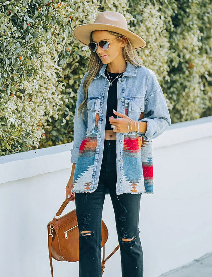 Veste-chemise en Jean Manches Longues et Bouton avec Poche Avant