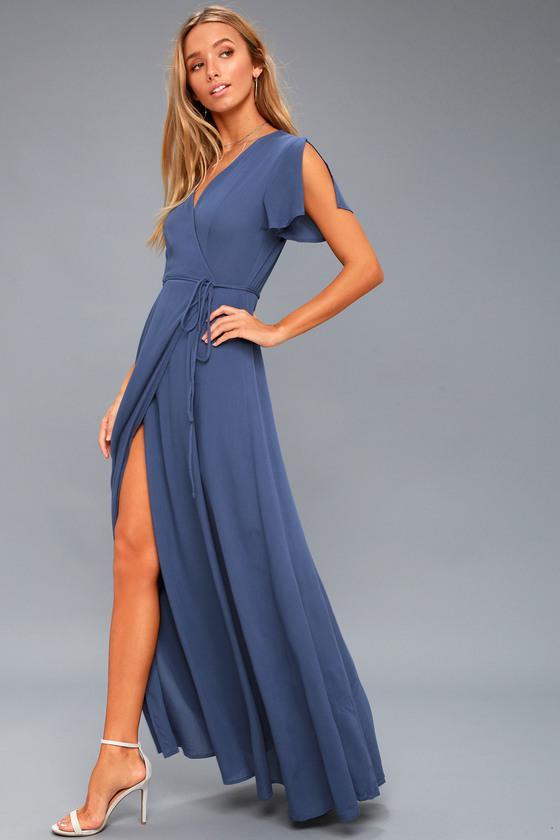 Robe Longue Ourlet Fendu Latéral Bleue Claire