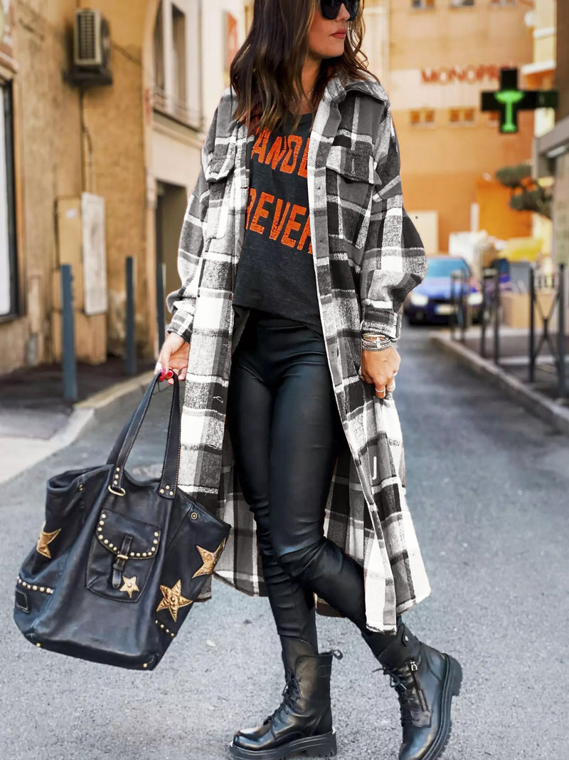 Casual Long Sleeve Loose Button Down Long Plaid Outerwear