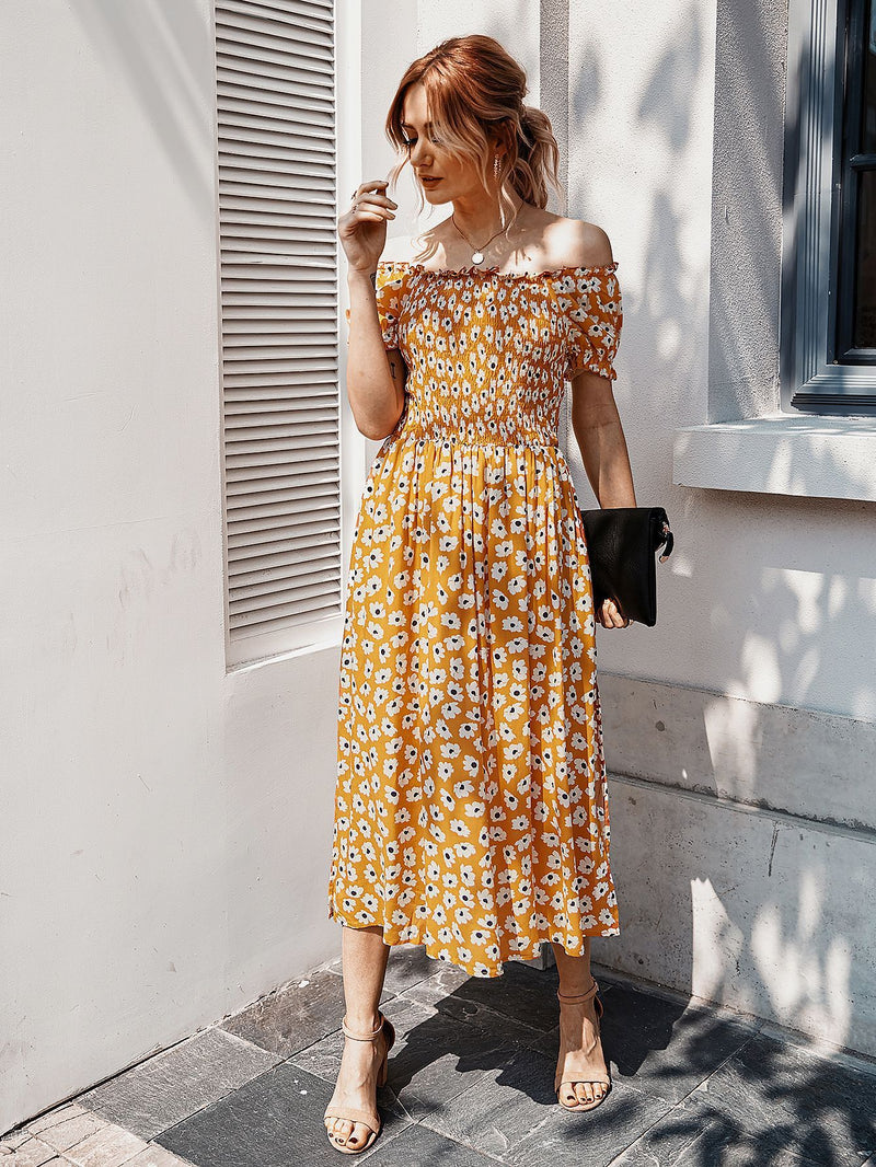 Robe Midi Floral Évasée à Épaules Dénudées