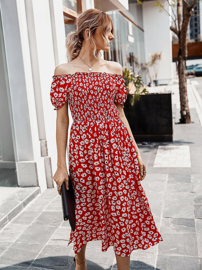 Robe Midi Floral Évasée à Épaules Dénudées