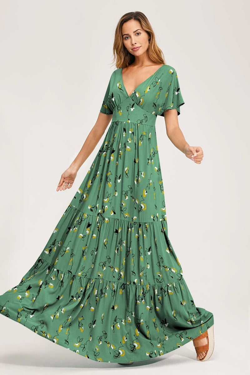 Robe Maxi Fleurie Manches Courtes Col en V Vert de Mer Clair