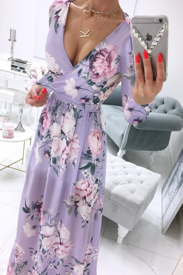 Robe Maxi Fendue Floral Col V Profond Manches Longues