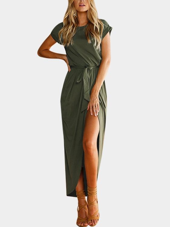 Robe à Manches Courtes Ourlet Fendu Vert Armée