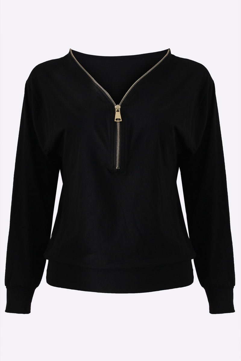 Zip Front Design V-neck Long Sleeves T-shirt