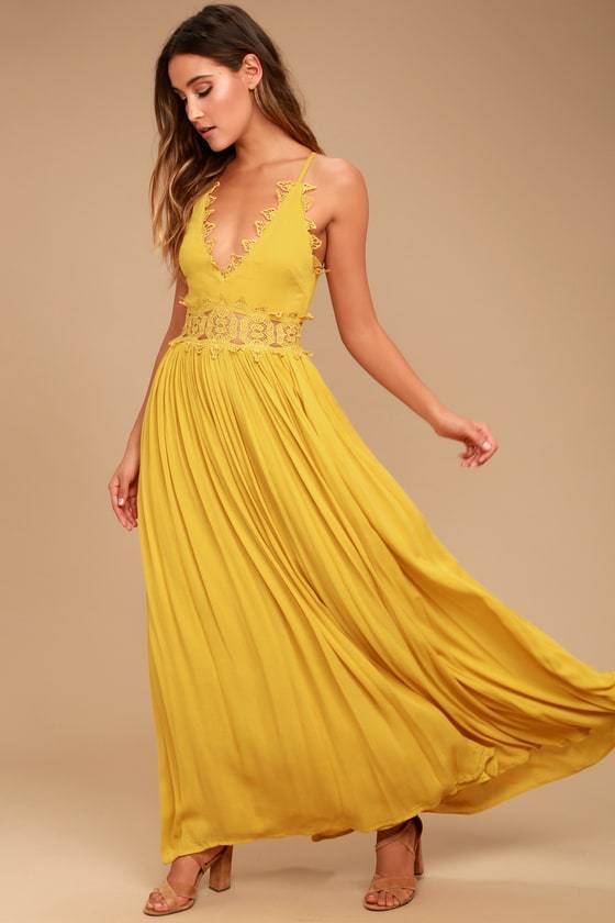 Maxi Robe à Col en V en Dentelle Jaune - CA Mode