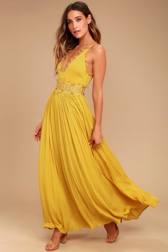 Maxi Robe à Col en V en Dentelle Jaune - CA Mode