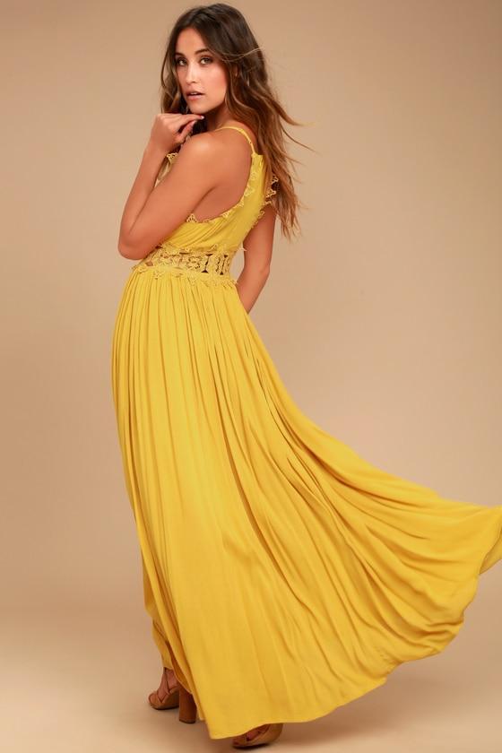 Maxi Robe à Col en V en Dentelle Jaune - CA Mode