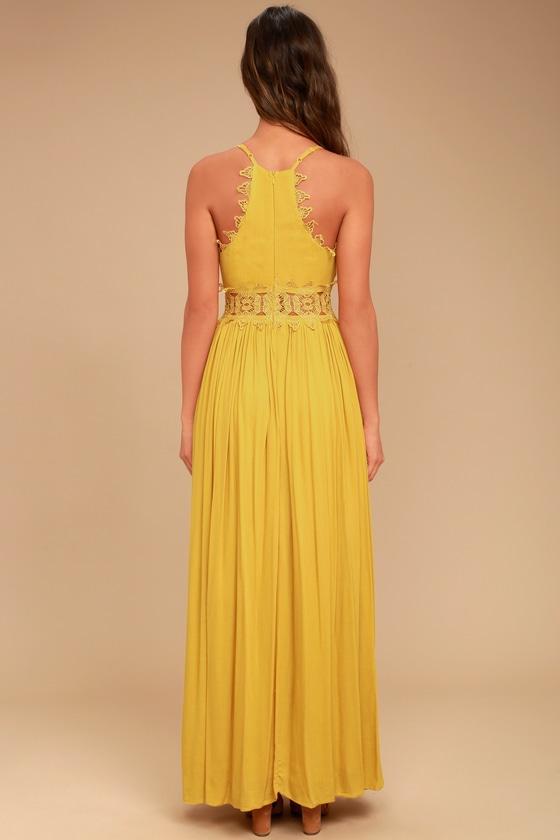 Maxi Robe à Col en V en Dentelle Jaune - CA Mode