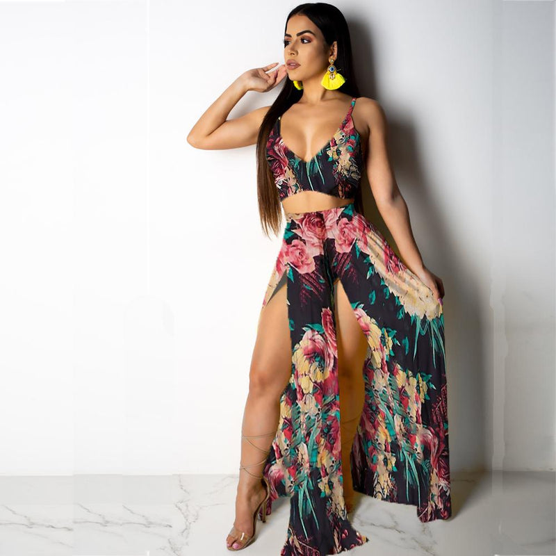 Ensemble Col en V Profond Crop Top Robes Maxi Fendues