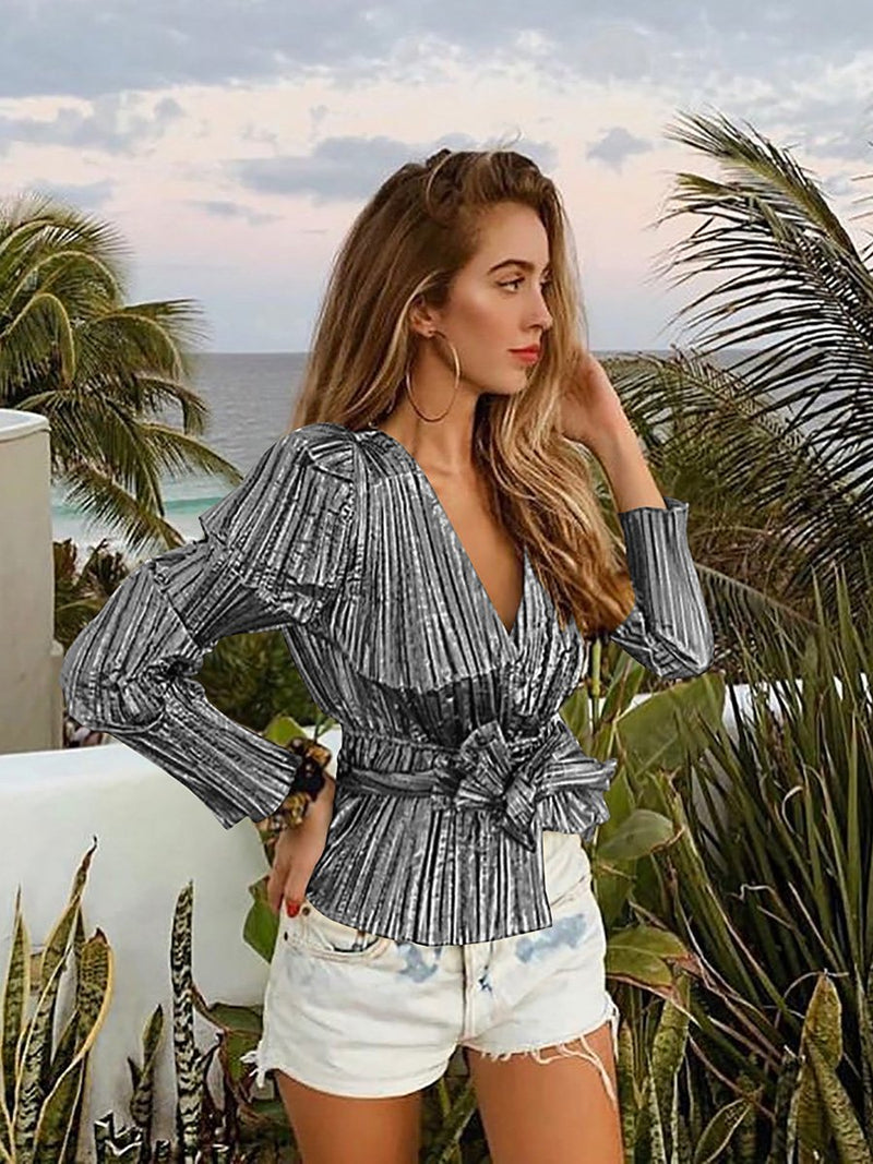 Blouse Col en V Longues Manches avec Ceinture en Nœud Papillons - CA Mode