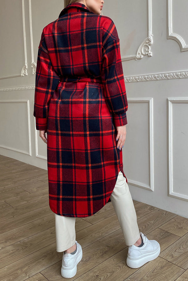 Warm on Up Belted Plaid Midi Coat