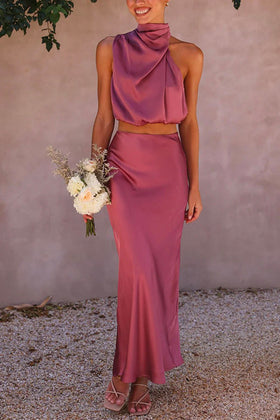 Turtleneck Sleeveless Crop Top High Waist Maxi Skirt Satin Set