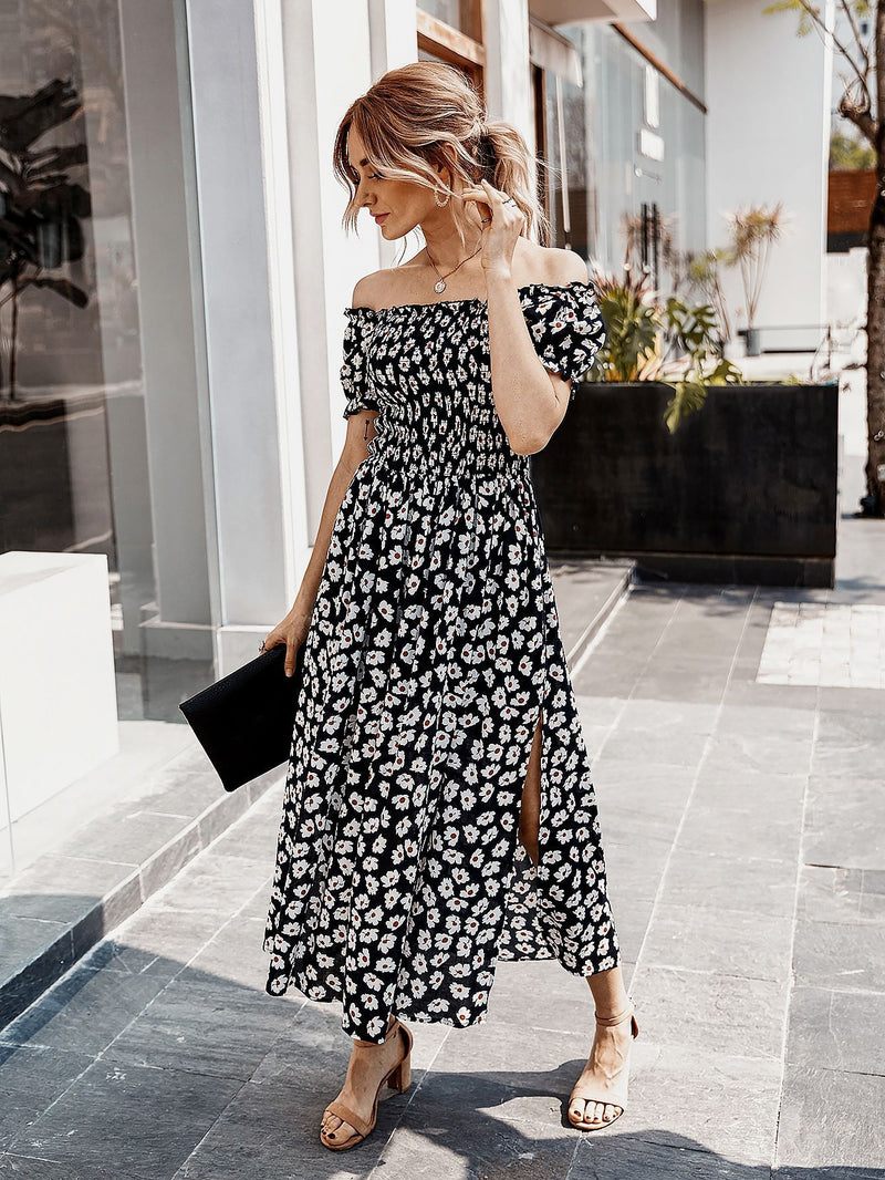 Robe Midi Floral Évasée à Épaules Dénudées