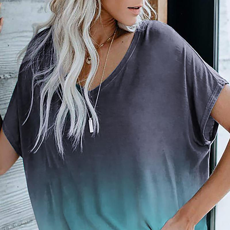 Top T-shirt Ample Extensible Manches Courtes et Col en V