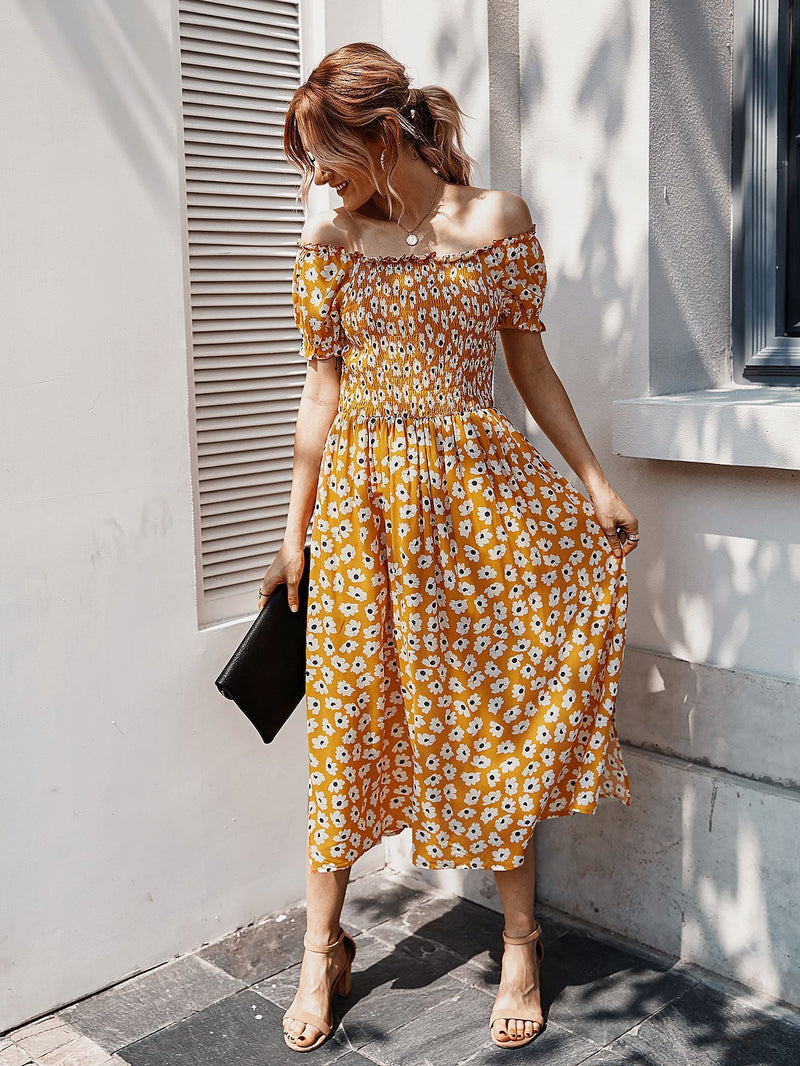 Robe Midi Floral Évasée à Épaules Dénudées