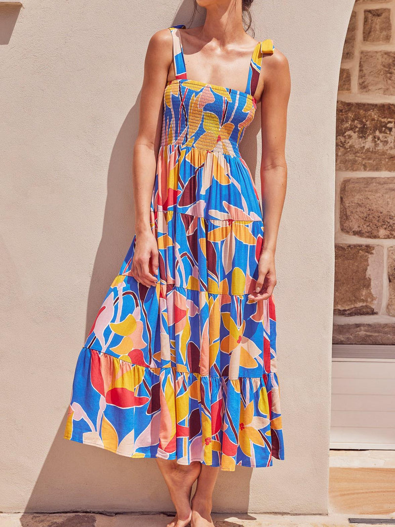 Robe Maxi Fleurie à Bretelles Encolure Carrée Sans Manches