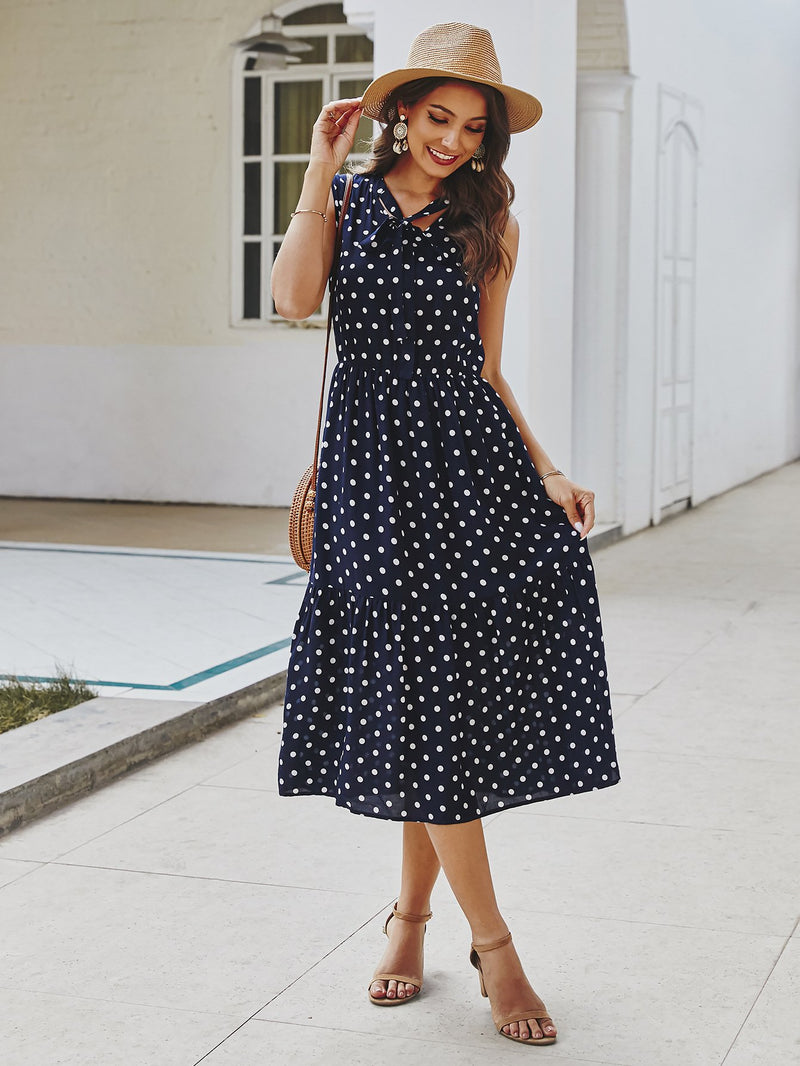 Robe Longue à Pois Col V et Nouer Devant