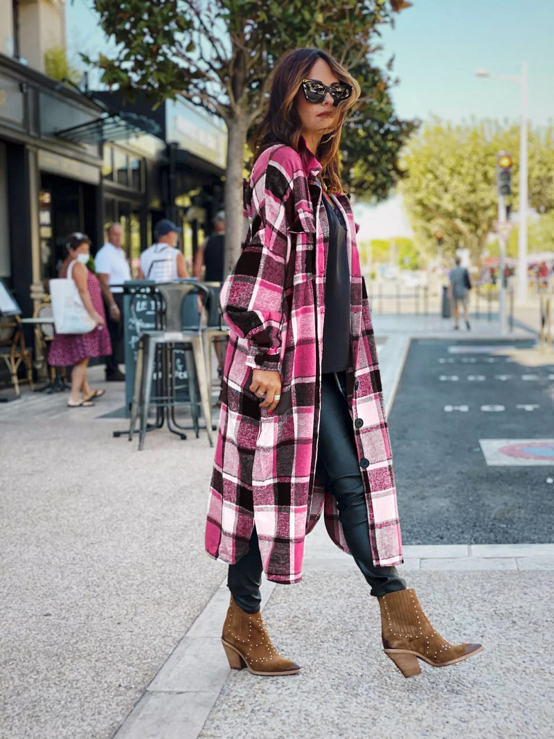 Casual Long Sleeve Loose Button Down Long Plaid Outerwear