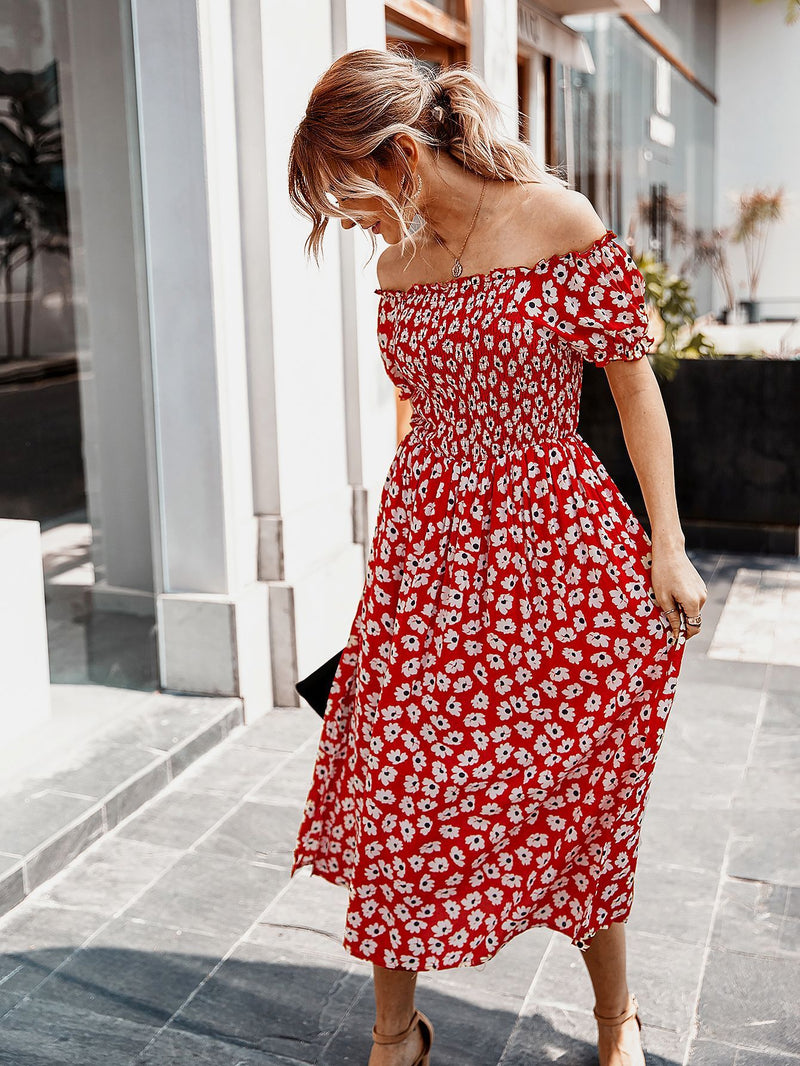 Robe Midi Floral Évasée à Épaules Dénudées