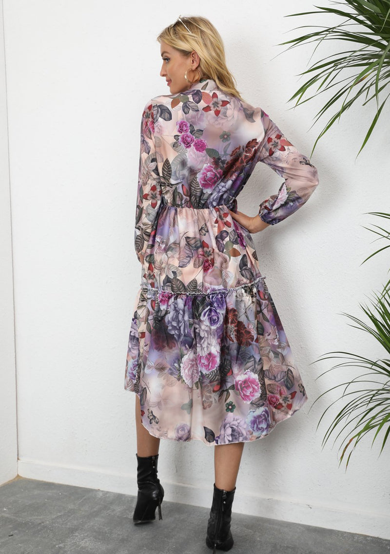 Robe Midi Décontractée à Fleurs Manches Longues