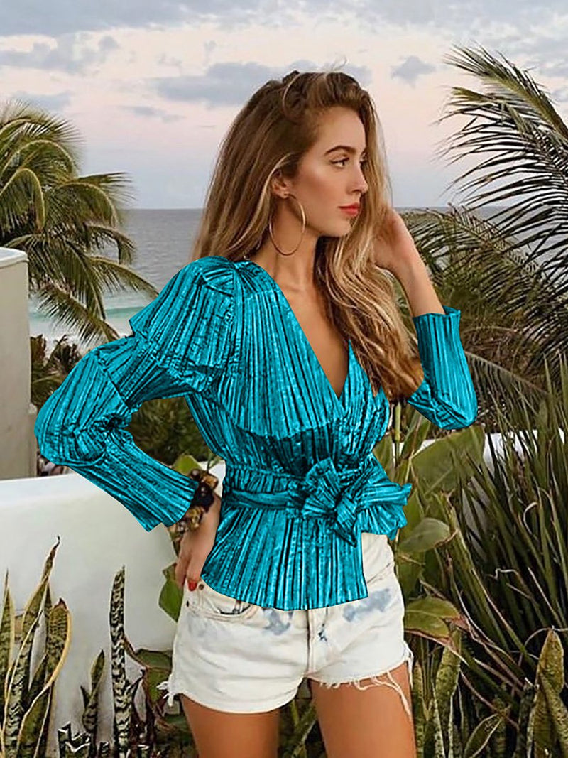 Blouse Col en V Longues Manches avec Ceinture en Nœud Papillons - CA Mode