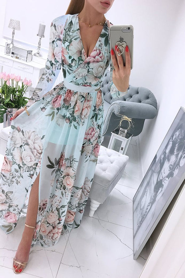 Robe Maxi Fendue Floral Col V Profond Manches Longues