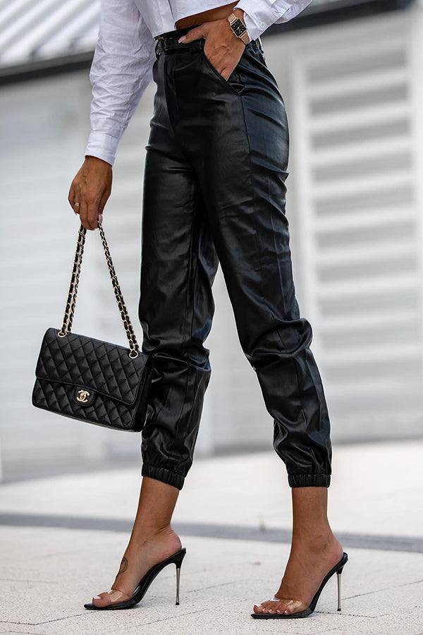 Don't Rush It PU Leather High Waist Cuffed Pants