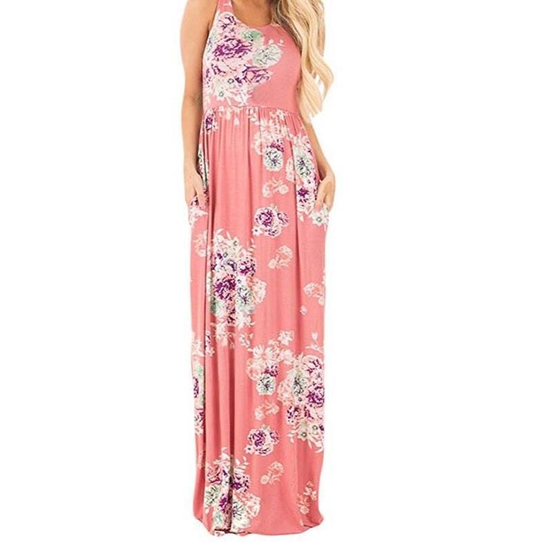 Ärmellos Blumen Gedruckt Sommer Blau Maxi Kleid - CA Mode