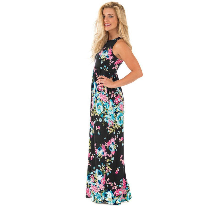 Ärmellos Blumen Gedruckt Sommer Blau Maxi Kleid - CA Mode