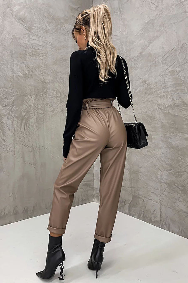 Pantalon en Similicuir avec Poches Taille Haute Nouée