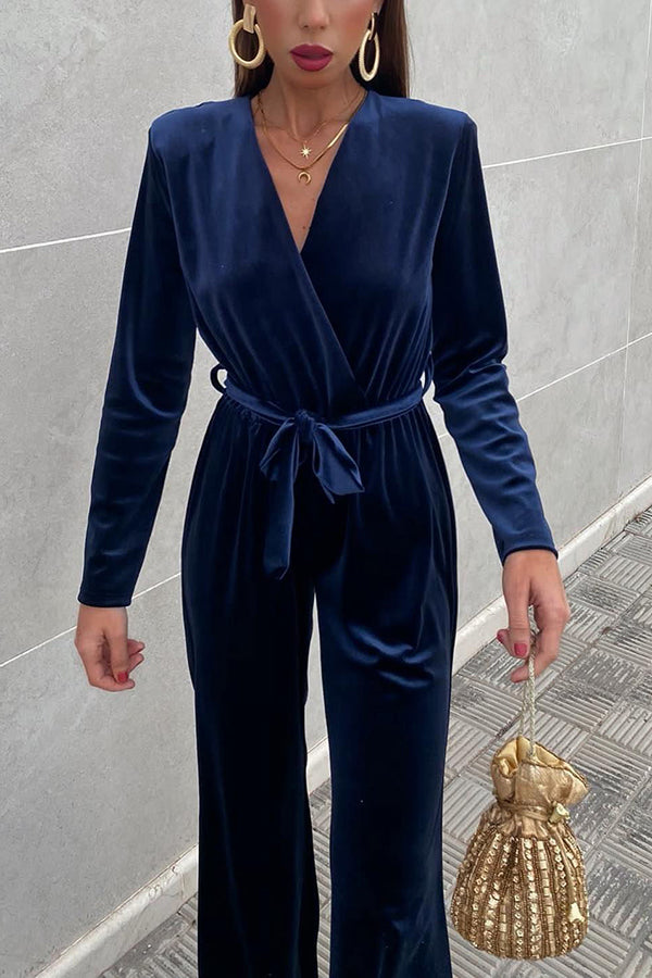 Endless Cheer Belt Velvet Wide Leg Jumpsuit