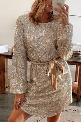 Mini-robe Paillettes Manches Longues Col Rond