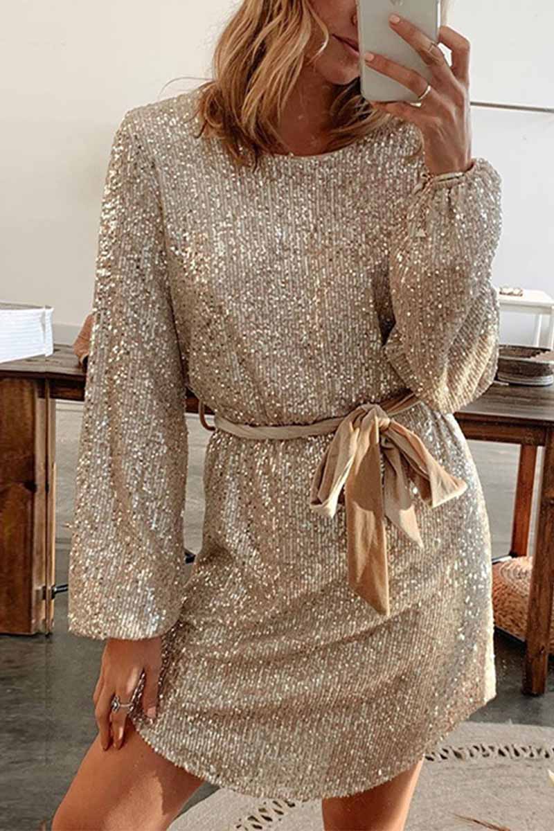 Mini-robe Paillettes Manches Longues Col Rond