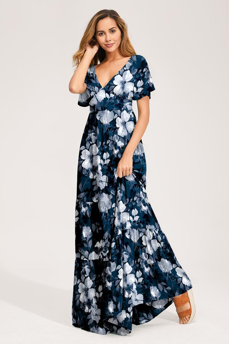 Robe Maxi Fleurie Manches Courtes Col en V Vert de Mer Clair